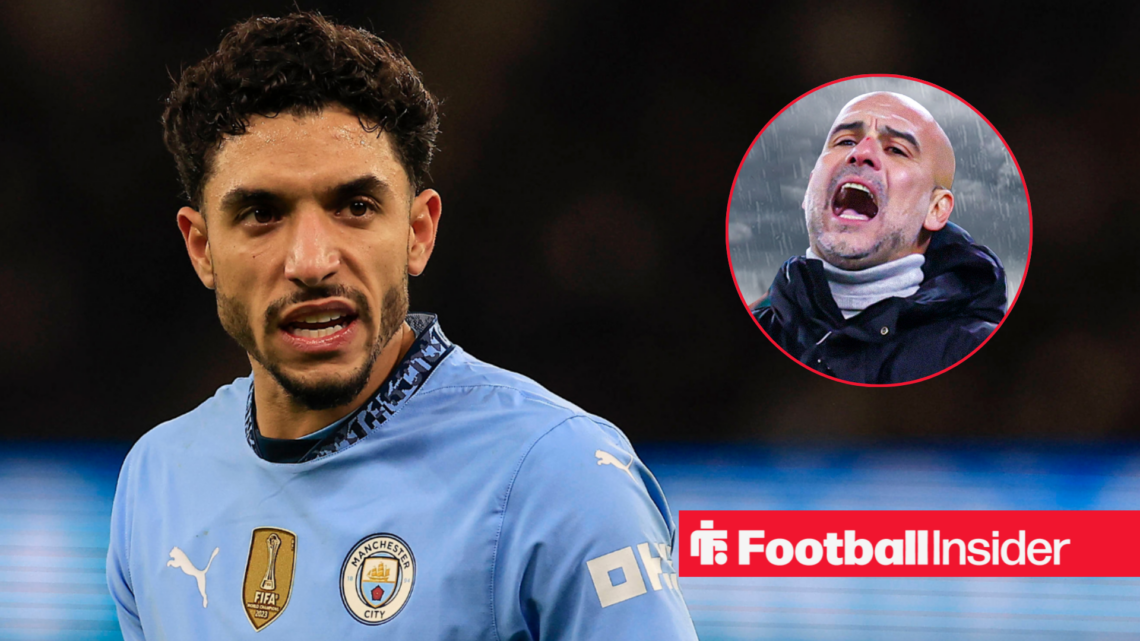 Man City's Omar Marmoush in action with manager Pep Guardiola looking upset right inset