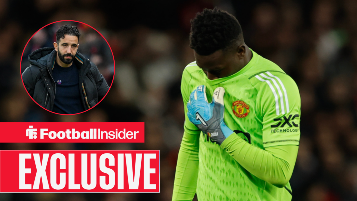 Andre Onana looking frustrated, Ruben Amorim in a circular inset