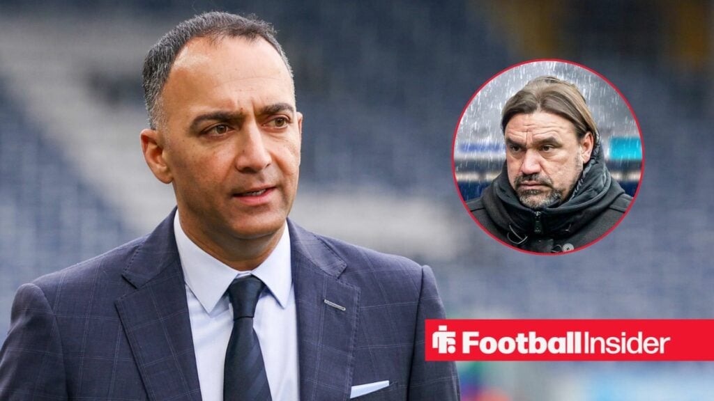 Leeds co-owner Paraag Marathe looking at manager Daniel Farke who looks upset