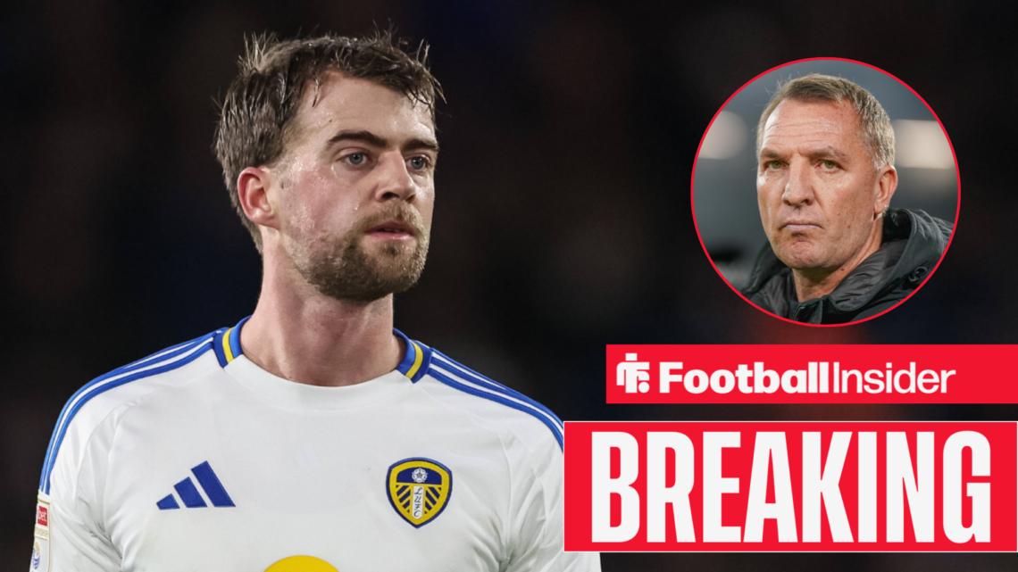 Patrick Bamford in action for Leeds United with Celtic boss Brendan Rodgers in a circular inset