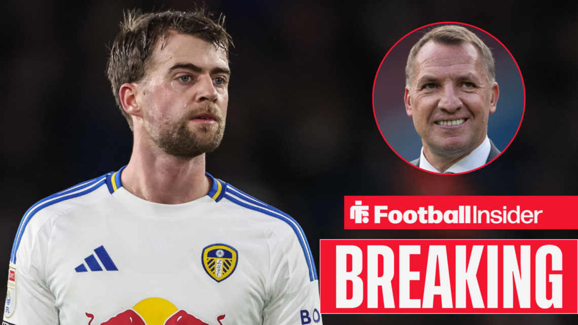 Patrick Bamford while in action for Leeds looking at Celtic manager Brendan Rodgers who is smiling