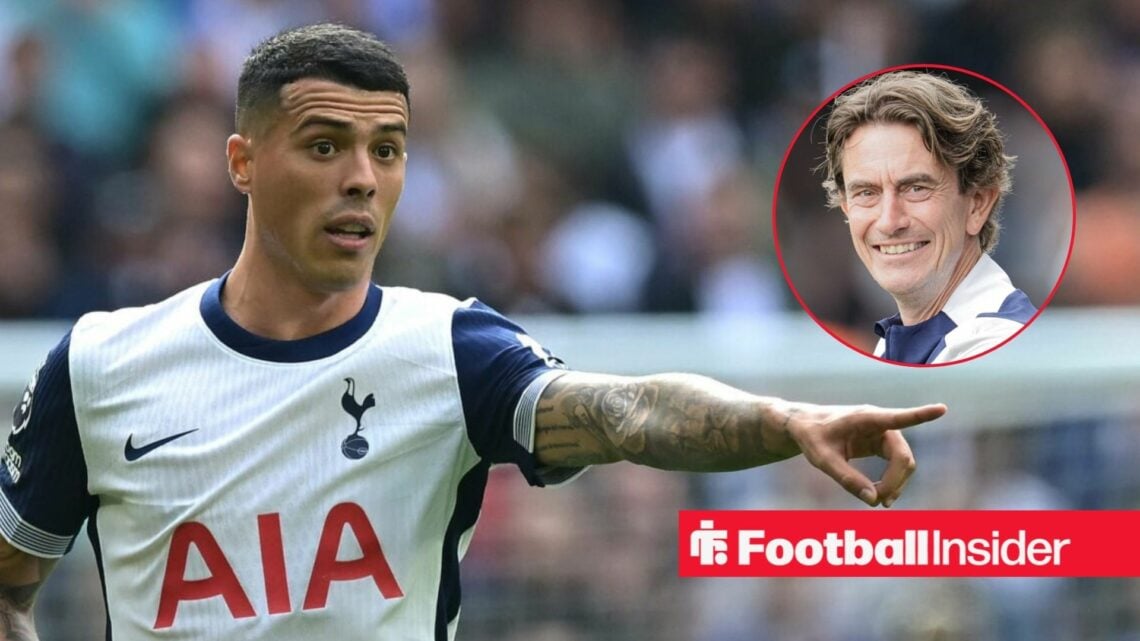 Pedro Porro in Tottenham home shirt with Thomas Frank smiling inset
