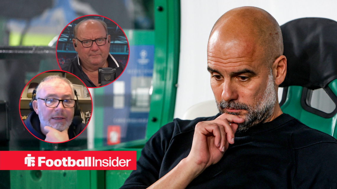 Pep Guardiola thinking in the dugout, Ally McCoist and Alan Brazil in circular insets