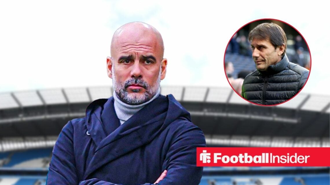 Manchester City boss Pep Guardiola at the Etihad Stadium alongside a headshot of Napoli boss Antonio Conte
