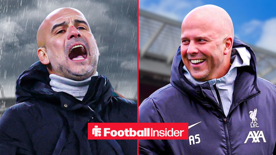 Pep Guardiola shouts in anger, with Arne Slot smiling at Anfield