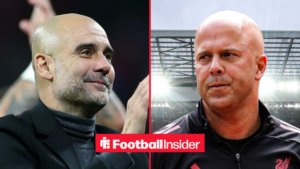 Pep Guardiola smiling while Arne Slot frowns