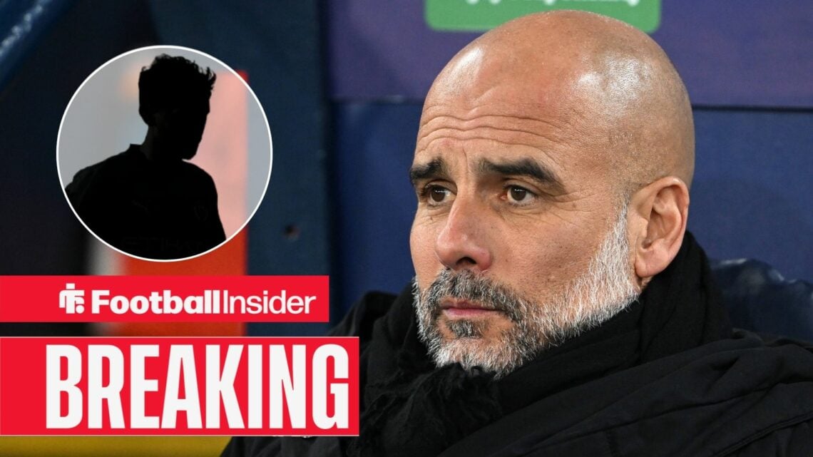 Pep Guardiola in the Man City dugout, Bernardo Silva's silhouette in a circular inset