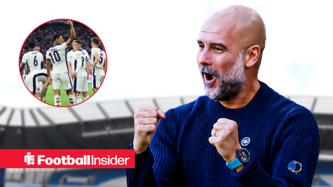 Pep Guardiola celebrating at the Etihad, with England stars in a circular inset