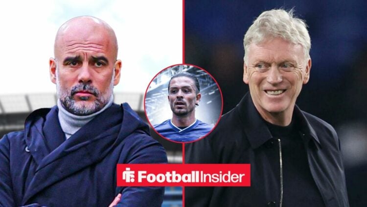 Pep Guardiola with his arms crossed, David Moyes smiling, and Jack Grealish in a circular inset