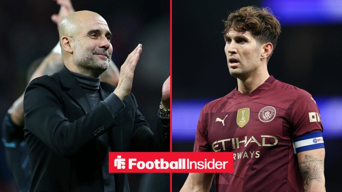 Pep Guardiola clapping next to John Stones in a Man City kit