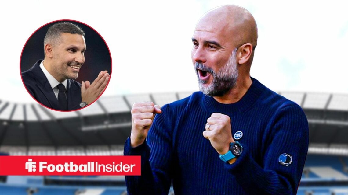 Pep Guardiola celebrating at the Etihad, with Khaldoon Al Mubarak in a circular inset
