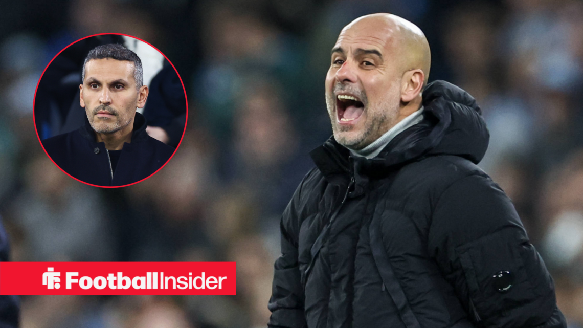 Manchester City manager Pep Guardiola, alongside club chairman Khaldoon Al Mubarak
