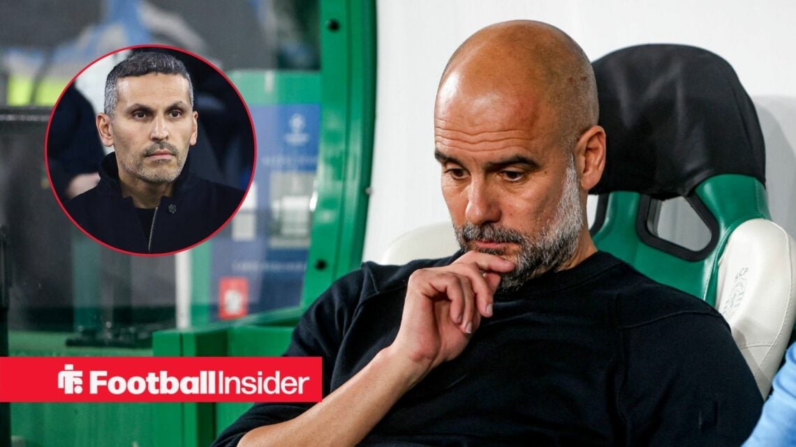 Pep Guardiola thinking on the sidelines, with Khaldoon Al Mubarak in a circular inset
