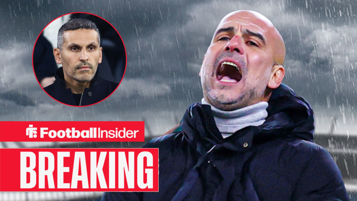 Pep Guardiola shouting in frustration at the Etihad, with Khaldoon Al Mubarak in a circular inset