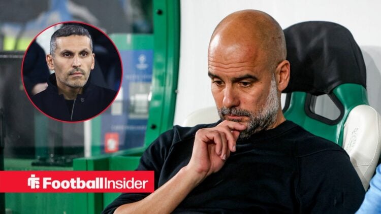 Pep Guardiola thinking on the sidelines, with Khaldoon Al Mubarak in a circular inset