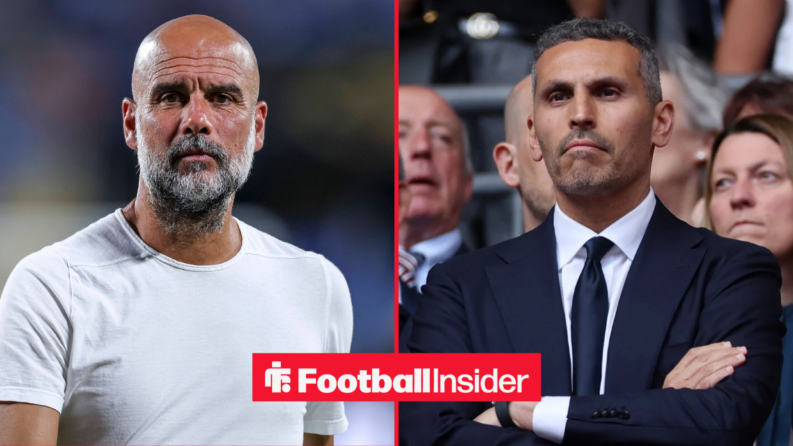 Pep Guardiola alongside Khaldoon Al Mubarak with his arms folded