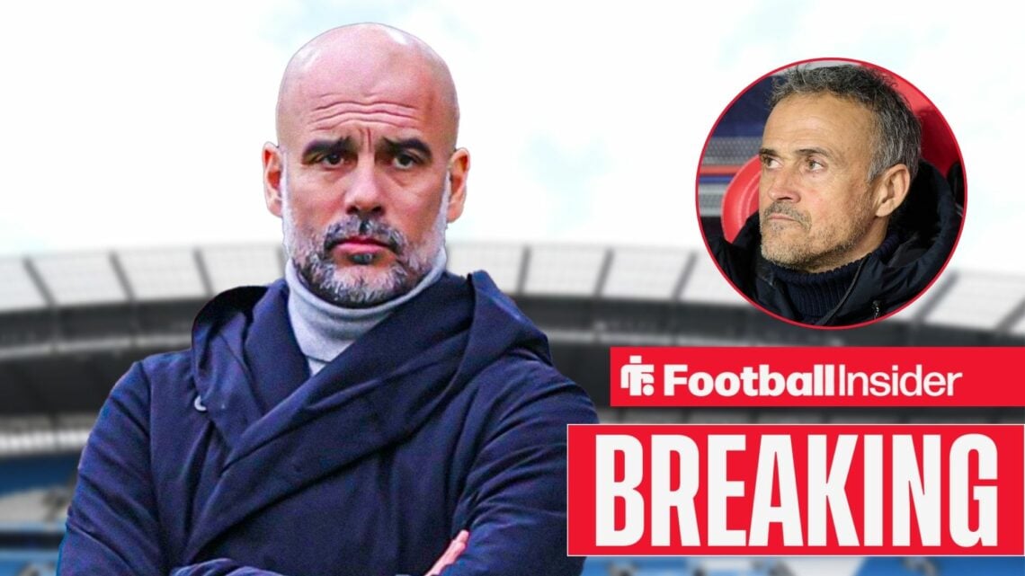 Pep Guardiola with his arms crossed at the Etihad, with Luis Enrique in a circular inset