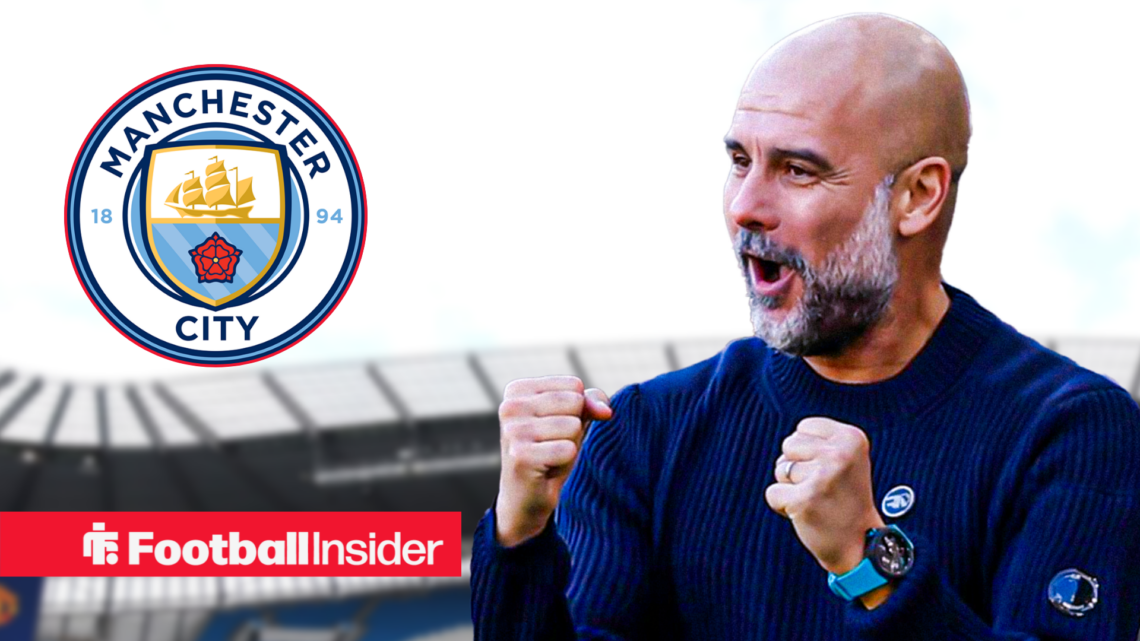 Man City manager Pep Guardiola against a backdrop of Etihad Stadium alongside a circular inset of the Man City club badge.