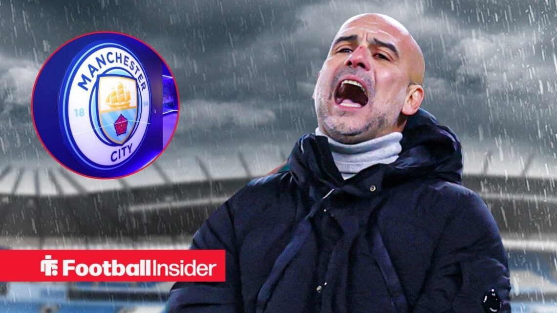 The Man City badge within a circular frame alongside Pep Guardiola looking concerned at the Etihad Stadium