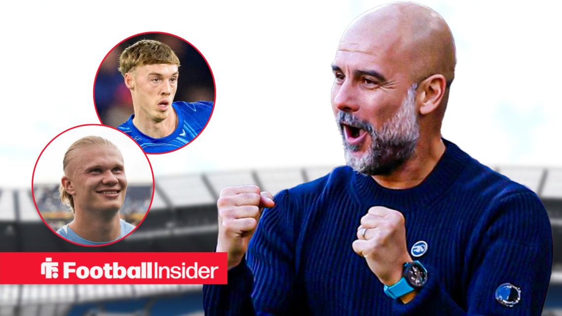 Pep Guardiola at Etihad Stadium with Erling Haaland and Cole Palmer insets