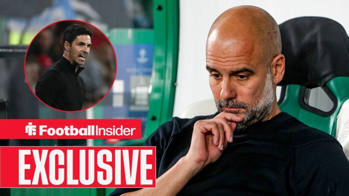 Pep Guardiola with his head down in the dugout, Mikel Arteta in a circular inset