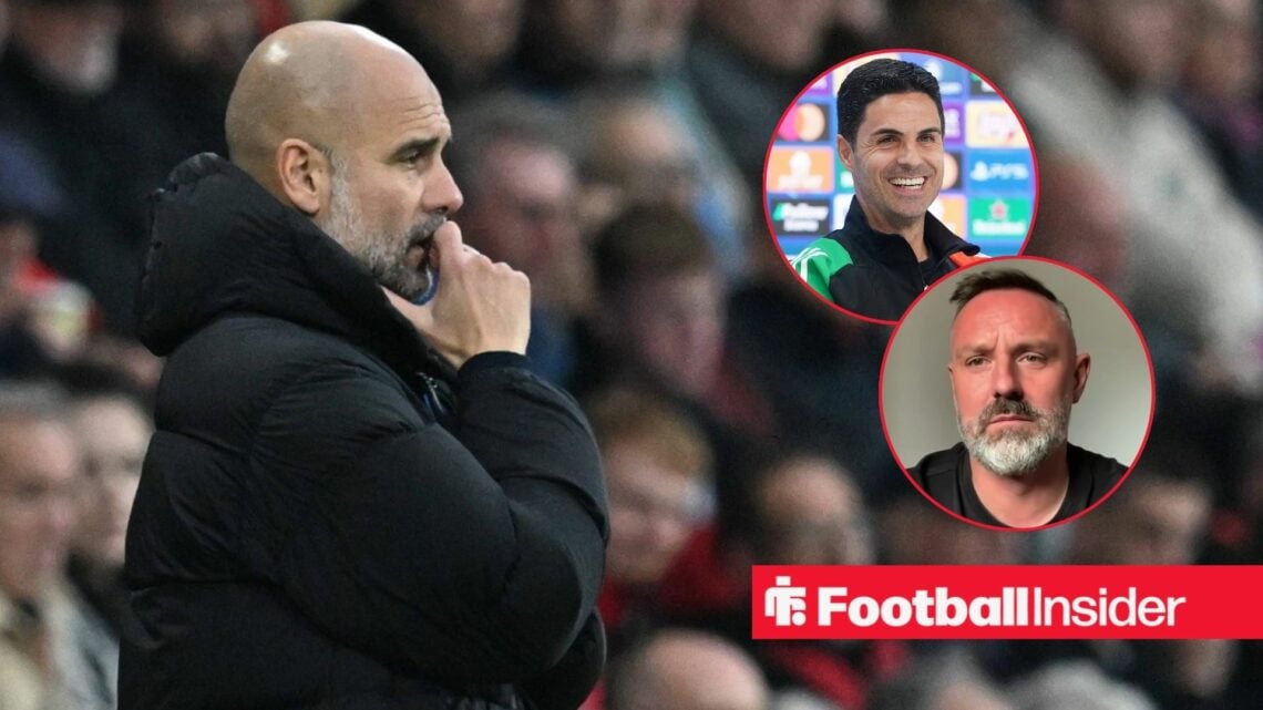 Pep Guardiola on the touchline, Mikel Arteta and Kris Boyd in circular insets