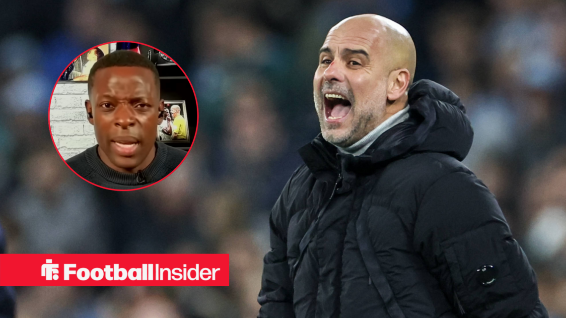 Man City manager Pep Guardiola screams from the sidelines towards pundit Nedum Onuoha on a video call left inset