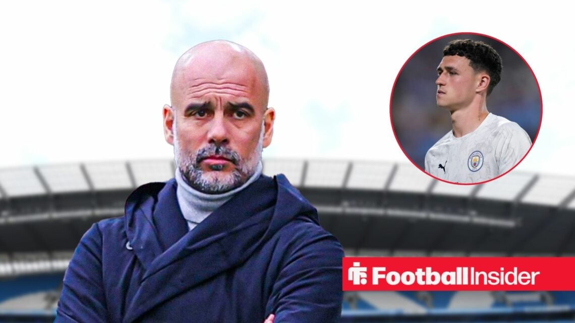 Manchester City boss Pep Guardiola at the Etihad Stadium alongside an image of Phil Foden in a white Man City shirt in a circular frame