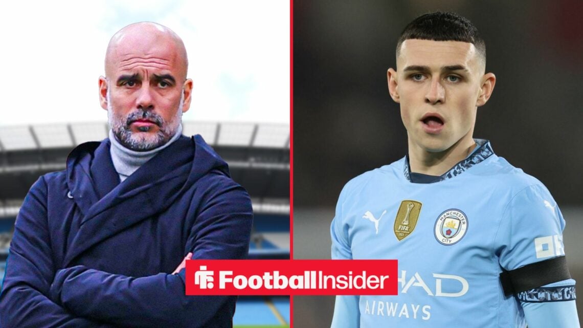 Pep Guardiola at the Etihad, with Phil Foden in action for Man City