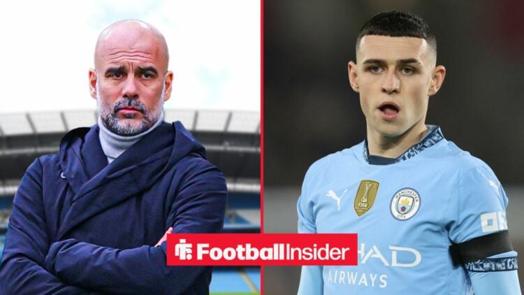 Pep Guardiola at the Etihad, with Phil Foden in action for Man City