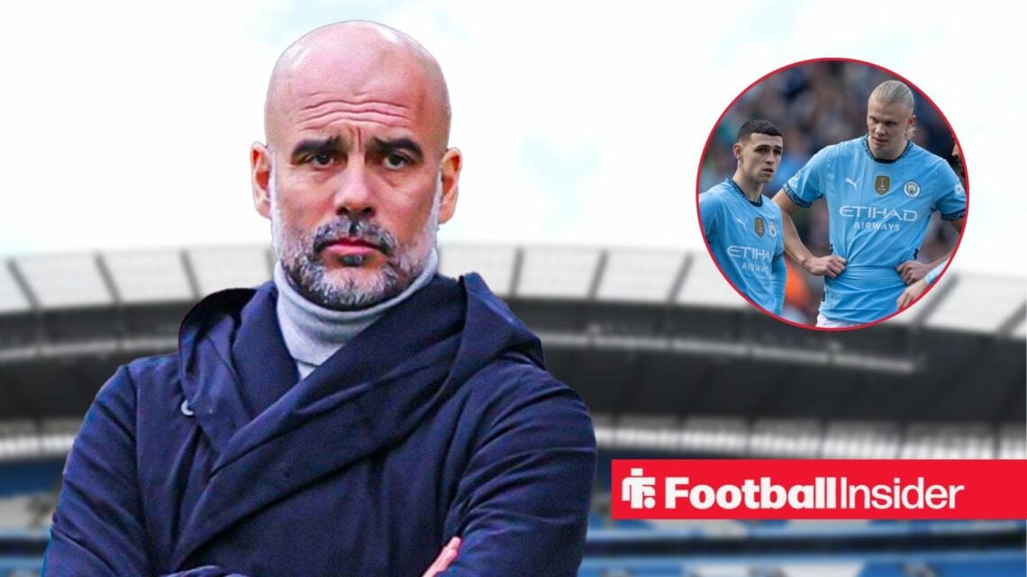 Pep Guardiola with his arms crossed at the Etihad, with Phil Foden and Erling Haaland in a circular inset
