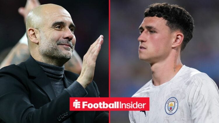Pep Guardiola smiling alongside Phil Foden looking serious