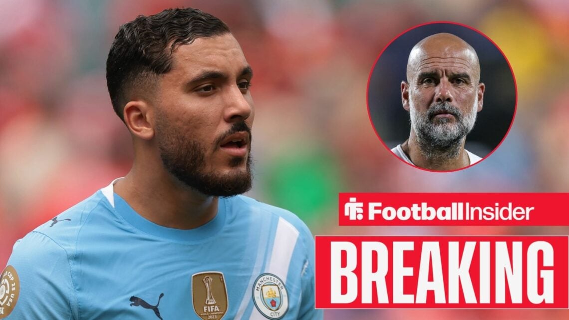 Man City manager Pep Guardiola right inset with Rayan Cherki looking at him in action