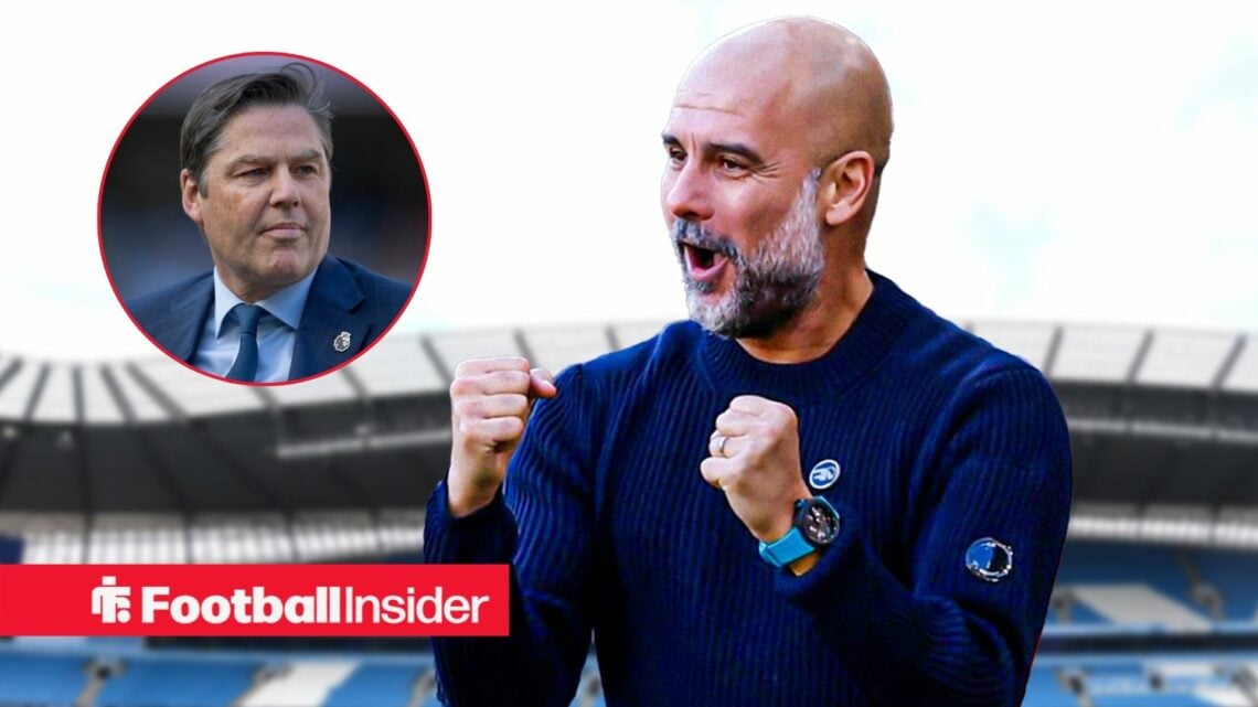 Pep Guardiola celebrating with Richard Masters included in a circular inset