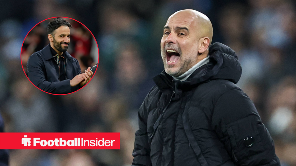 Pep Guardiola shouting on the touchlines, Ruben Amorim clapping in a circular inset