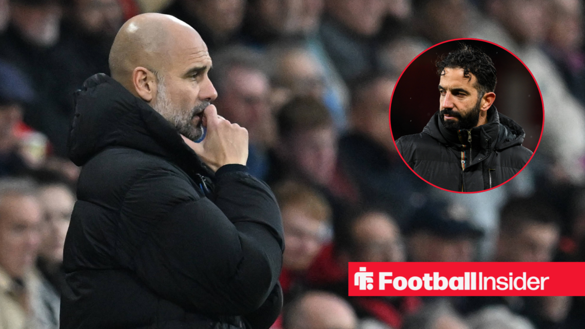 Pep Guardiola thinking on the sidelines, Ruben Amorim in a circular inset
