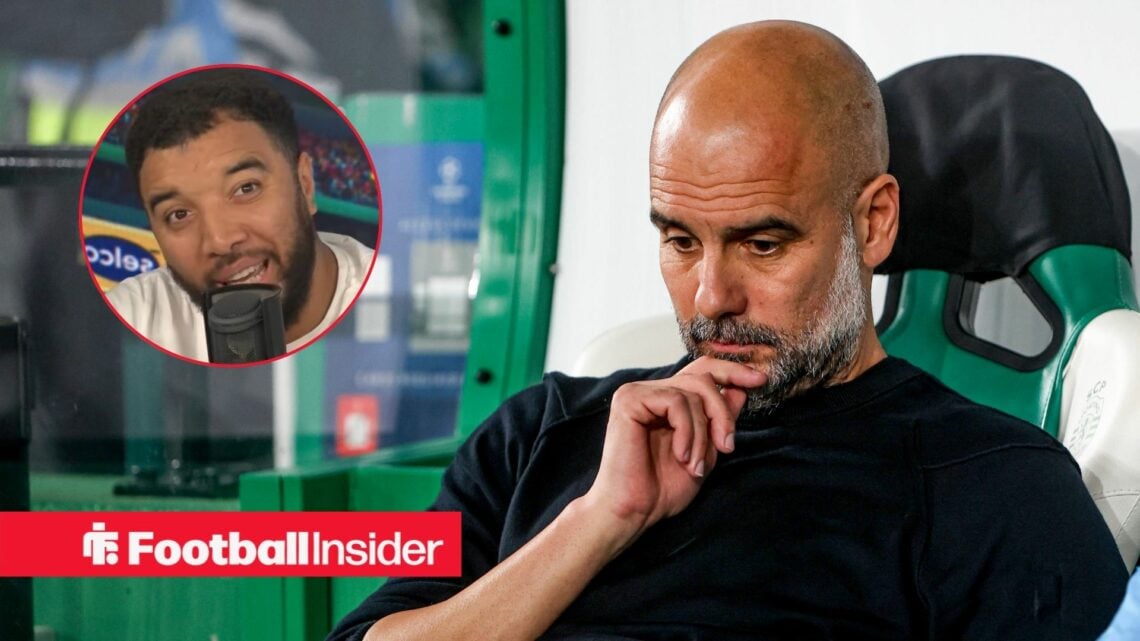 Pep Guardiola sitting in the dugout, Troy Deeney in the circular inset