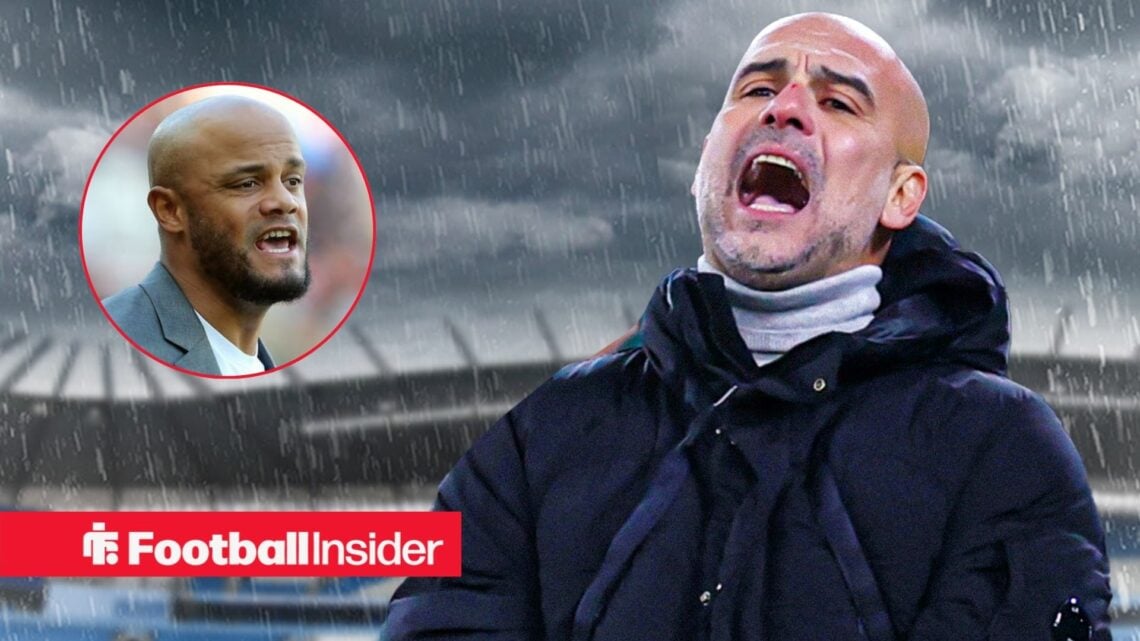 Man City manager Pep Guardiola looks annoyed with Bayern manager Vincent Kompany shouting at him left inset