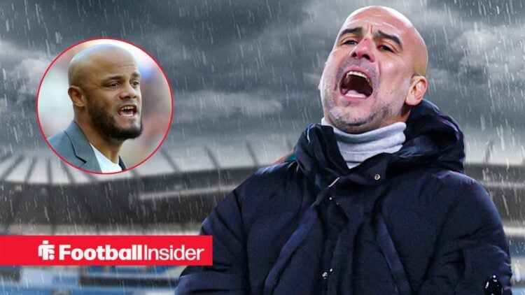 Man City manager Pep Guardiola looks annoyed with Bayern manager Vincent Kompany shouting at him left inset
