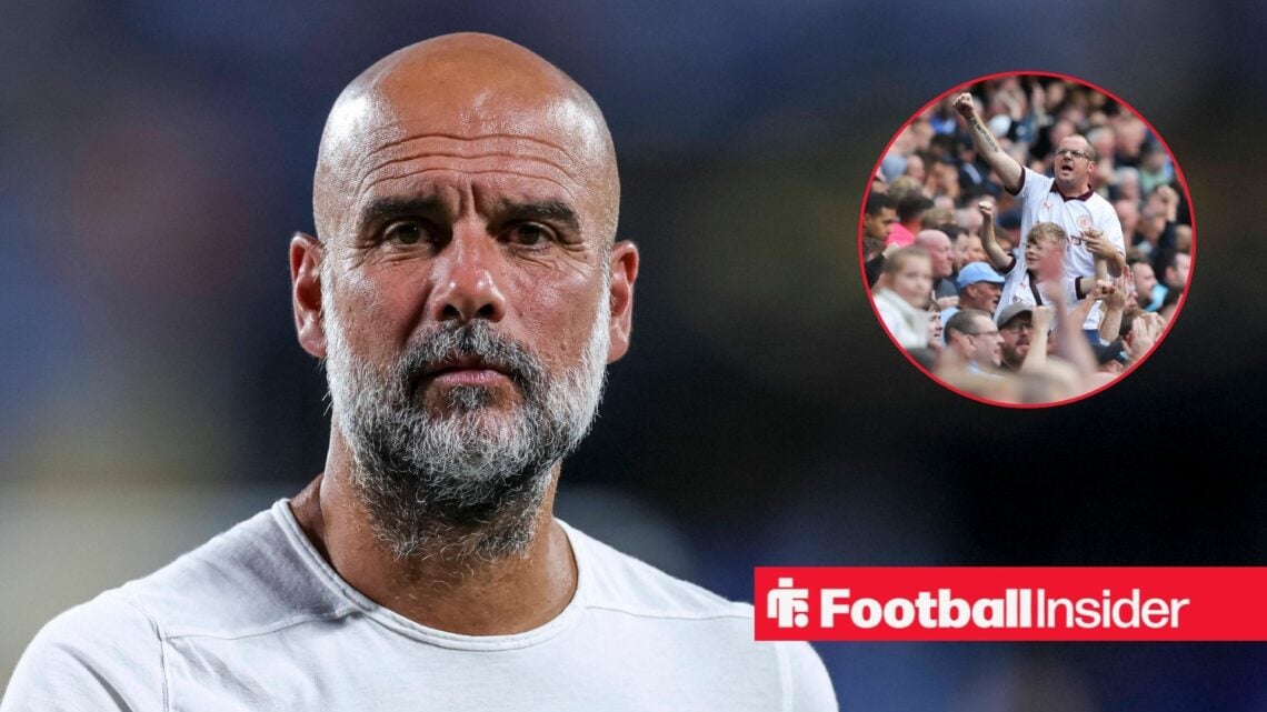 Pep Guardiola looking concerned on the left with Man City fans angry on the right