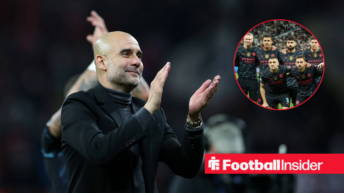 Pep Guardiola in a black suit and the Manchester City team in black kits in a red circle