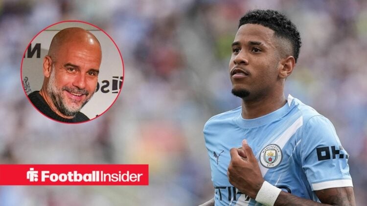 Pep Guardiola smiling on the left with a focused Savinho on the right