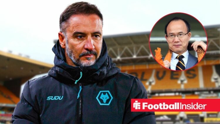 Vitor pereira looking at a circular inset of Guo Guangchang.