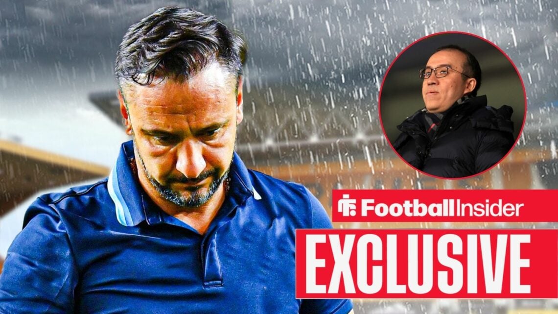 Wolves manager Vitor Pereira looks concerned with owner Jeff Shi looking at him from the stands