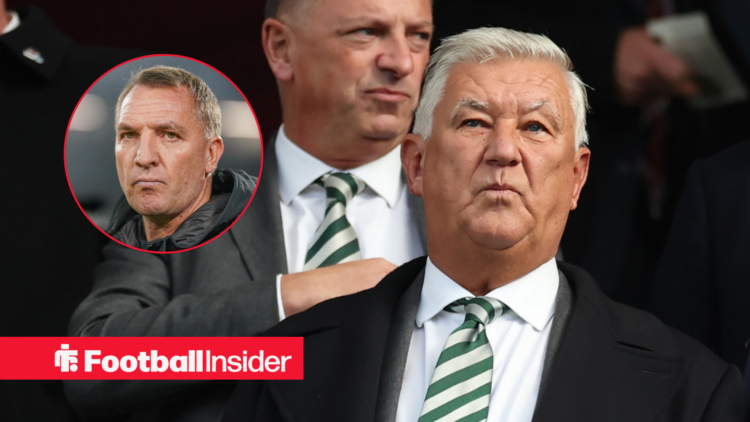 Celtic chairman Peter Lawwell looks on from the stands with manager Brendan Rodgers staring forward left inset
