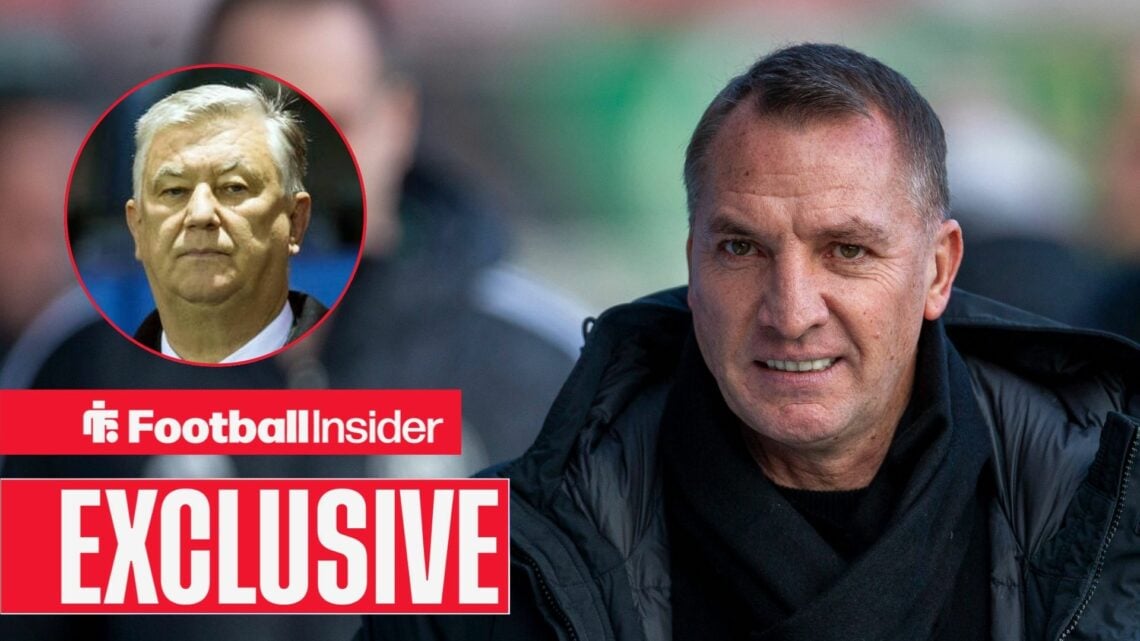 Peter Lawwell on the left looking focused above an EXCLUSIVE banner with a smiling Brendan Rodgers on the right