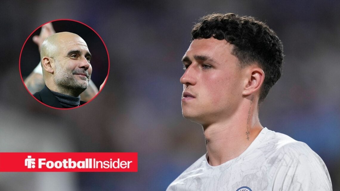 Phil Foden on the right looking serious with Pep Guardiola smiling on the left