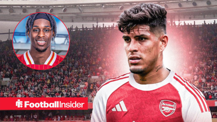 Piero Hincapie in Arsenal shirt with Jeremie Frimpong inset