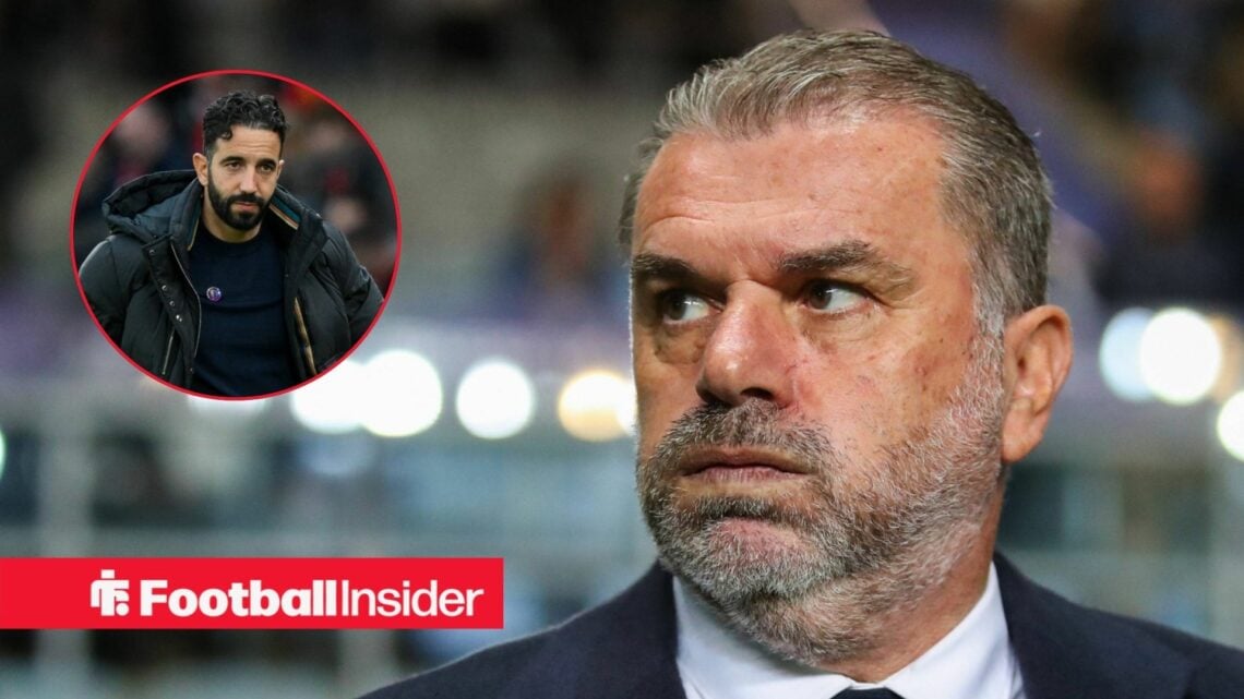 Ange Postecoglou looking at a circular inset of Ruben Amorim