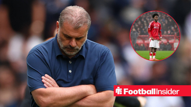 Ange Postecoglou in a blue polo shirt and Ola Aina in a red Nottingham Forest kit in a red circle